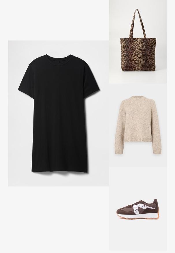 Beige striktrøje med rund hals, lange ærmer og ribbede manchetter. Lavet af en tekstureret uldblanding med subtile prikker over det hele.; Sort kortærmet t-shirt lavet af bomuld, med klassisk rund halsudskæring og en lige kant, med en glat, mat tekstur.; Brun atletiksko med hvid sål, pigget gummiydersål og hvidsprættet sidestrimle, vist i sideprofil på en lys baggrund.; Pieces PCSUITY - Shopping bags - black