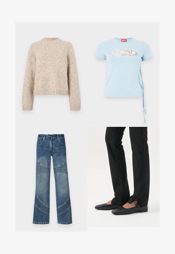 Beige Strickpullover mit Rundhalsausschnitt, langen Ärmeln und gerippten Bündchen. Hergestellt aus strukturiertem Wollgemisch mit dezenten Sprenkeln.; Hellblaues T-Shirt mit kurzen Ärmeln, runder Ausschnitt, seitlichen Bindebändern und einem grafischen Druck mit dem Text "www.diesel.com" in Silber.; Hochtaillierte blaue Jeans aus Denim mit weitem Bein, versehen mit geschwungenen Nahtdetails und gerippten Teilen im unteren Bereich. Lässiger Stil.; Beine in schwarzen schmalen Hosen mit vorderen Schlitzen am Saum, kombiniert mit schwarzen flachen Mary-Jane-Schuhen mit kleinem Schnallenriemen.