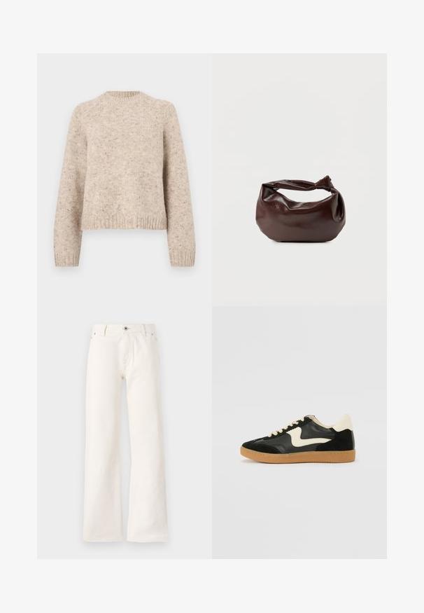 Suéter de punto beige con cuello redondo, mangas largas y puños acanalados. Fabricado en una mezcla de lana texturada con sutiles motas en todo el tejido.; Jeans blancos de pierna ancha fabricados en denim, con cierre frontal de botón, cinco bolsillos y una textura suave sin patrones visibles.; Zapatillas de deporte de ante y cuero negro con un swoosh lateral en crema y un talón en crema claro. Presenta cordones beige y una suela de goma marrón.; Bolso de hombro de cuero marrón oscuro con una forma suave y caída, y un asa con nudo torcido sobre un fondo blanco liso.