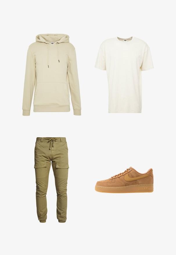 Beige hættetrøje lavet af blødt stof med en kengurulomme, ribbede manchetter og snore, der har et enkelt og rent design.; T-shirt med korte ærmer og rund hals i lys cremefarve. Fremstillet af blødt bommateriale med en afslappet pasform og minimale sømme.; Khaki cargo bukser med elastiske manchetter, snor i taljen og to store sidelommer. Fremstillet af bomuldsblanding, der har en glat tekstur.; Nike Sportswear AIR FORCE 1 07 - Sneakers - flax/wheat/light brown/black/team gold