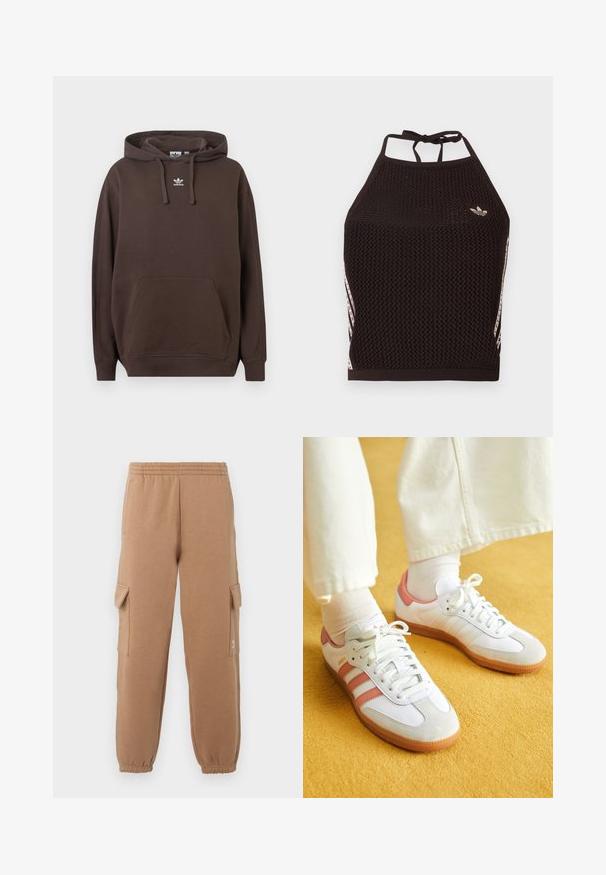Bruine hoodie gemaakt van zachte stof met een kangoeroezak, capuchon met trekkoord en een wit Adidas-logo op de borst. Regular fit ontwerp.; Zwarte mesh halter crop top met een textuurpatroon. Voorzien van roze accentstrepen en een klein logo aan de voorkant. Sluiting met strik aan de achterkant.; Tan cargobroeken van zachte stof met een elastische tailleband, opgesneden enkels en zijzakken, met een klein logo-detail.; Witte sportschoenen met roze accenten, gemaakt van suede en leer, met een ronde neus en een rubberen zool, weergegeven met lichtgekleurde sokken op een gele achtergrond.