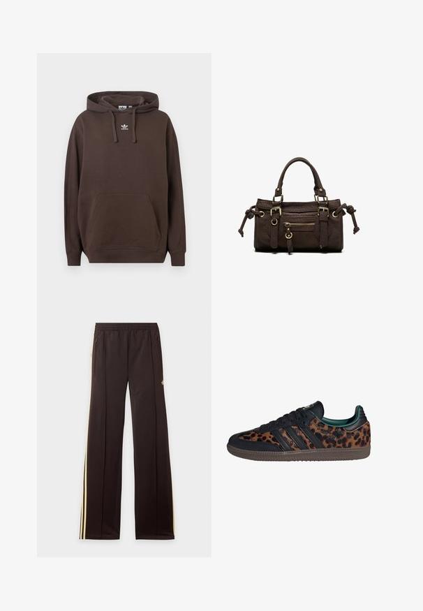 Ruskea huppari pehmeästä kankaasta, jossa on kengurutasku, kiristysnyöri hupussa ja valkoinen Adidas-logo rinnassa. Normaali leikkaus.; Mustat verkkarit keltaisilla sivuraitoisilla, joustavalla vyötäröllä, vetoketjullisilla sivutaskuilla ja pienellä logolla ylemmässä reisiosassa.; Mustat nahkalenkkarit leopardikuvioiduilla yksityiskohdilla, joissa on kolme tumman väristä raitaa, kumipohja ja pehmustettu vihreä sisus.; Tummanruskea nahkainen käsilaukku, jossa on kaksinkertaiset kahvat, edessä vetoketjutasku, koristeelliset soljet ja sivusolmukkeet valkoisella taustalla.