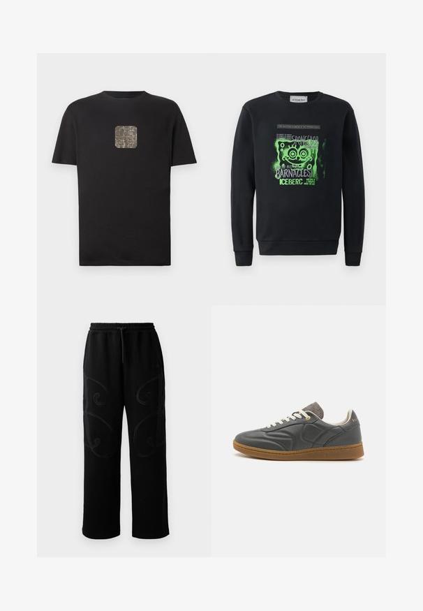 Schwarzer Pullover mit rundem Ausschnitt, der eine grüne SpongeBob-Grafik und Text zeigt. Lange Ärmel mit gerippten Bündchen und Saum.; Schwarzes Baumwoll-T-Shirt mit einem quadratischen, goldenen, mit Nieten besetzten Design auf der Vorderseite. Kurze Ärmel, Rundhalsausschnitt und entspannter Schnitt.; Schwarze Sweatpants mit lockerer Passform, die an den Seiten über aufwendige, spiralförmige Nähmuster verfügen und einen elastischen Bund mit Kordelzug haben.; Dunkelgrauer Ledersneaker mit runder Zehenpartie, weißen Schnürsenkeln, brauner Gummisohle und dezenten grauen Stoffakzenten am Kragen. Goldenes Logo-Detail.