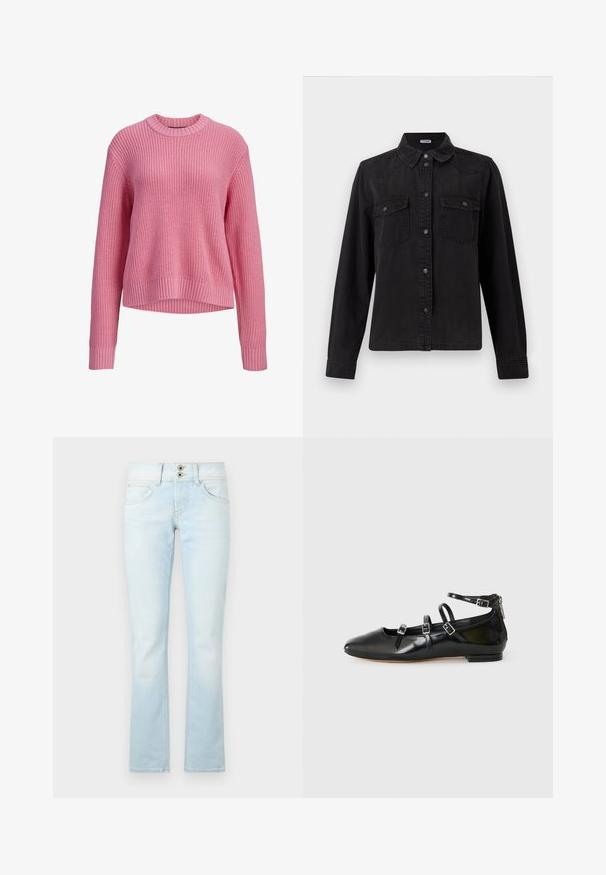Roze gebreide trui met lange mouwen, ronde hals, geribde manchetten en zoom, met een iets langere achterkant.; Zwarte spijkerbutton-up shirt met lange mouwen, twee borstzakken met klep en een klassieke kraag op een witte achtergrond.; Lichtblauwe flared jeans, gemaakt van denim, beschikken over een twee-knops sluiting, vijf zakken en subtiele vervaagde details door de stof heen.; ALDO NELTA - Ballerina's - black