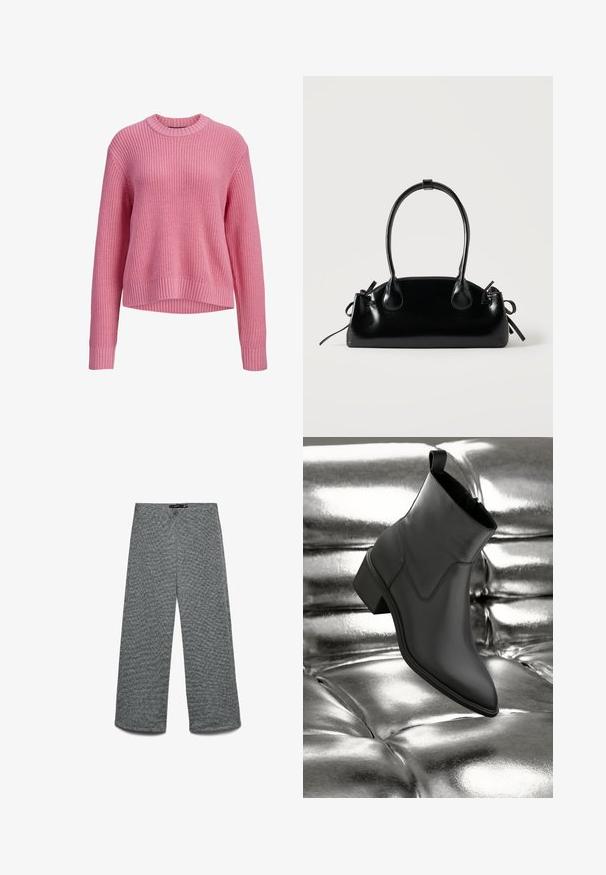 Pull en maille rose à manches longues avec col rond, poignets et ourlet côtelés, présentant un dos légèrement plus long.; Pantalon à jambes larges en tissu tricoté gris texturé. Doté d'une taille haute et de jambes droites, offrant une coupe décontractée.; Bottine en cuir noir avec un talon bas reposant sur une surface rembourrée en métal argenté brillant, mettant en valeur la texture lisse et le design élégant.; Petit sac à main noir brillant avec deux longues anses et des détails à cordon sur les côtés sur un fond clair uni.