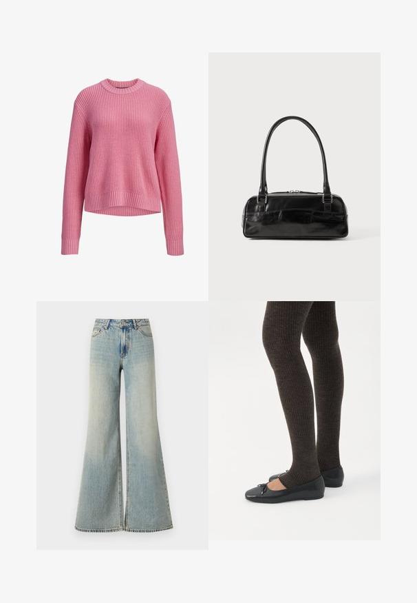 Roze gebreide trui met lange mouwen, ronde hals, geribde manchetten en zoom, met een iets langere achterkant.; Lichtblauwe wijde jeans met een hoge taille, featuring een vervaagde afwerking, zijzakken en een subtiele split aan de onderkant van de poten.; Benen met donkere geribbelde leggings gecombineerd met zwarte ballerina's met kleine strikdetails op een witte achtergrond.; Zwarte leren handtas met een rechthoekige vorm, voorzien van een enkele gestructureerde handgreep, zilveren hardware en ritsluiting. Gladde textuur.