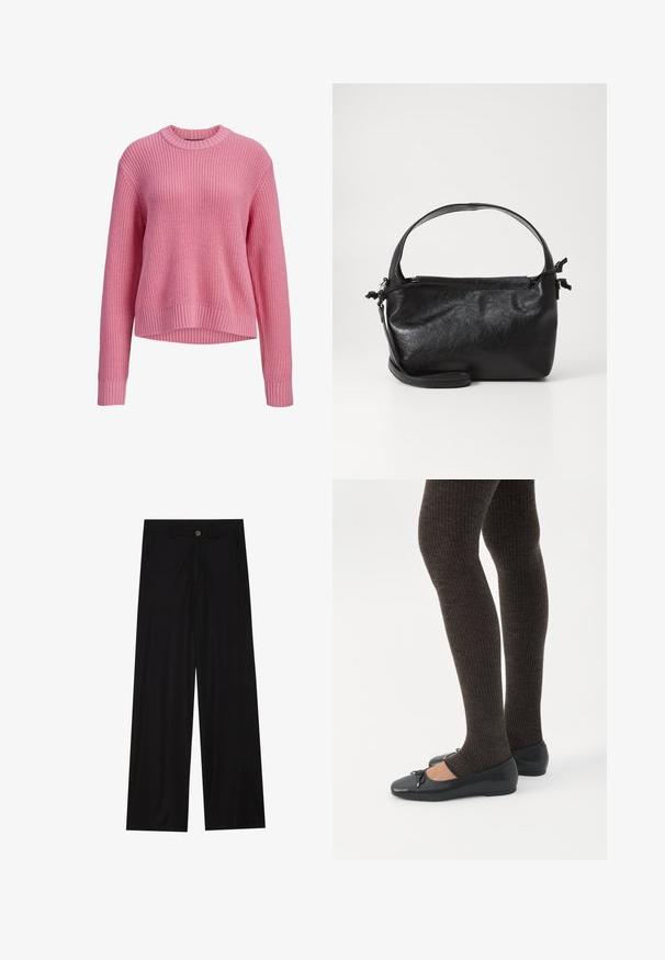 Pull en maille rose à manches longues avec col rond, poignets et ourlet côtelés, présentant un dos légèrement plus long.; Pantalons noirs à jambes larges en tissu lisse, avec poches avant et fermeture à bouton à la taille. Design minimaliste sans motifs.; Jambes portant des leggings côtelés foncés associés à des ballerines noires avec de petits détails en nœud sur fond blanc.; Sac à main en cuir noir au design structuré, avec une poignée arrondie et une bandoulière amovible. Présente une texture lisse et un éclat subtil.
