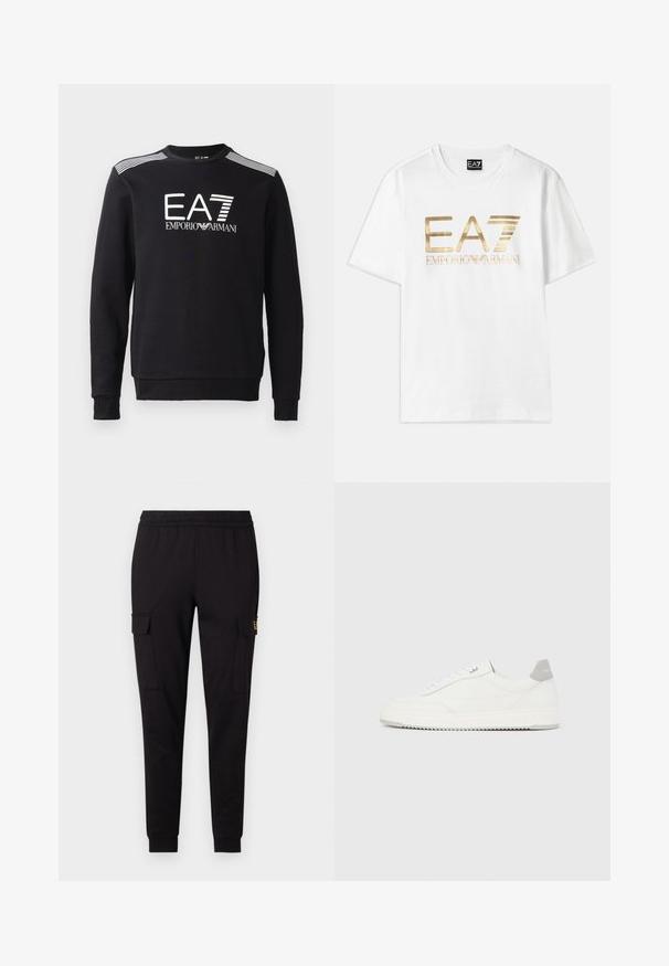 Must värvi puuvillane sweatshirt, millel on ümar kaelus, pikad varrukad, valge EA7 logo ja triibud õlgadel.; Valge puuvillane T-särk, millel on suur kuldne metallik "EA7" logo ja "EMPORIO ARMANI" tekst allpool, lühikesed varrukad ja ümmargune kaelus.; Mustad mustadest särk, mis on valmistatud pehmest kangast, kitsenevate jalgade kujundusega ja kahe külge nõgesepocketiga, millel on üksildane logo.; Valge madala lõikega tennisking halli kandklambri, valgete paelte ja tekstuuriga tallaga, esitletud ühtlasel heledal taustal.