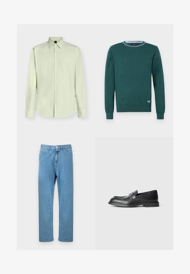 Pull vert avec col rond, manches longues, texture tricotée, et accent bleu clair au niveau du col. Présente un petit logo en bas.; Chemise boutonnée à manches longues vert clair avec col et logo discret « BOSS » sur la poitrine, présentée sur un fond uni.; Jean en denim bleu clair avec une coupe droite, un style cinq poches et une fermeture par bouton à la taille. Aucun motif ni ornement visible.; Mocassins en cuir noir avec une finition texturée, dotés d'une bride décorative à l'avant et d'un bout arrondi. Semelle en caoutchouc pour plus de durabilité.