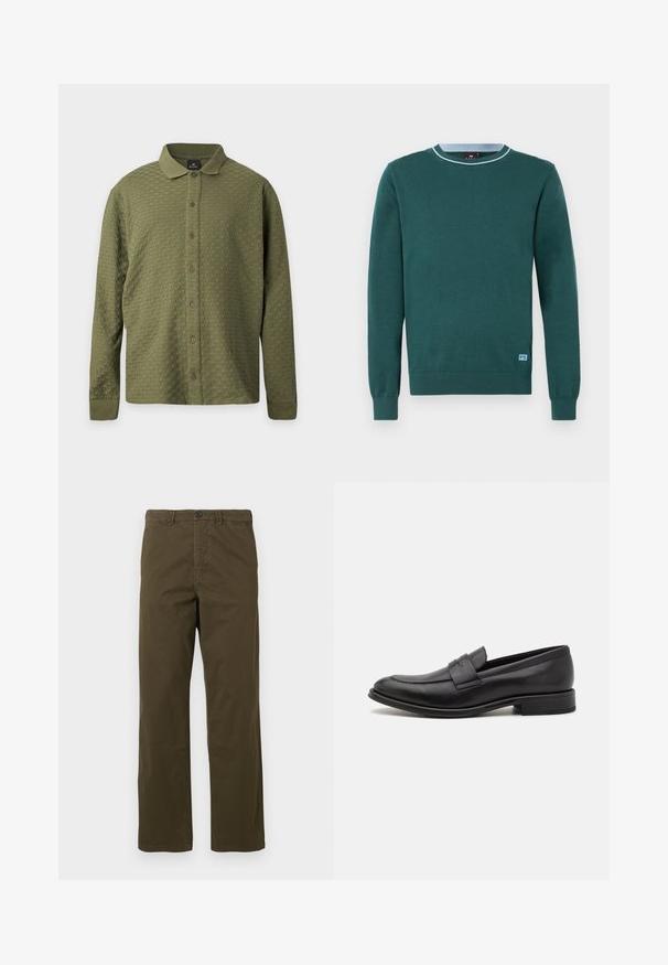 Pull vert avec col rond, manches longues, texture tricotée, et accent bleu clair au niveau du col. Présente un petit logo en bas.; Chemise à manches longues vert olive texturée, boutonnée, avec col et poignets, présentée sur un fond clair uni.; Pantalons en coton marron pour hommes, coupe droite, avec passants de ceinture, bouton frontal et fermeture éclair sur fond clair.; Mocassin en cuir noir avec une finition lisse, une sangle décorative sur le dessus, un bout rond et un petit talon empilé.