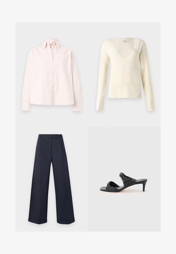 Pull à manches longues de couleur crème avec un col en V profond, fabriqué en tissu doux, présentant une texture lisse et un design minimaliste.; Chemise rose clair à manches longues avec boutons sur le devant, poche avant et col, affichée sur un fond neutre.; Pantalon large bleu marine avec ourlets retournés, taille haute, boutons latéraux et plis à l'avant.; Sandales à talons noirs avec un bout carré, fabriquées en cuir lisse. Elles présentent des brides froncées et un talon fin pour plus d'élévation.