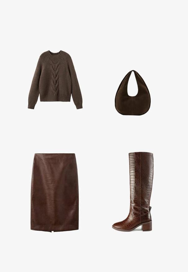 Brun strikket sweater med rund halsudskæring, lange ærmer og et kabelstrikdesign, der løber ned langs fronten. Ribbet kant og manchetter.; Mørkebrun blyantskørt i kunstigt krokodilleskind med en lille frontslids ved kanten, knælængde, uden synlige lukninger eller pynt.; L37 SIMPLE LIFE - Høje støvler/ Støvler - brown; Mørkebrun ruskind skuldertaske formet som en halvmåne med en bred rem og glat tekstur på en hvid baggrund.