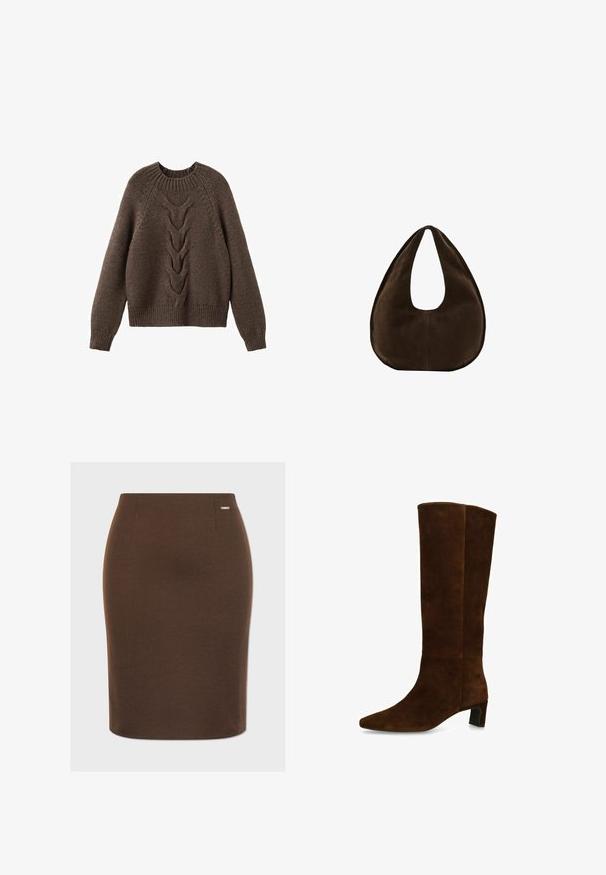 Pull en tricot marron avec un col rond, des manches longues et un motif en torsades sur le devant. Ourlets et poignets côtelés.; Jupe crayon marron en tissu extensible avec une texture lisse. Présente une silhouette ajustée et un petit logo métallique en accent sur la ceinture.; Botte haute en daim marron jusqu'au genou avec un petit talon bloc et un bout pointu, vue de côté sur fond blanc.; Sac à main en daim marron foncé en forme de croissant avec une seule sangle large et une texture lisse sur fond blanc.