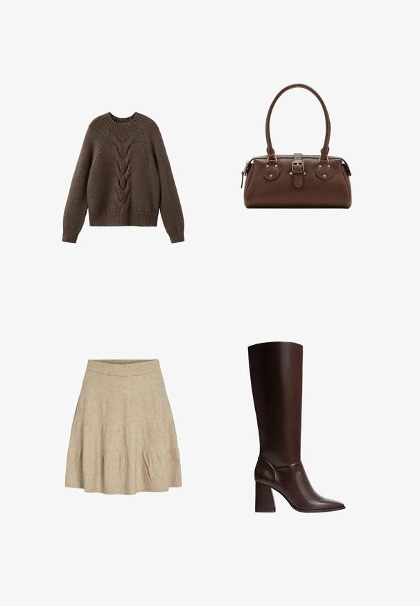 Brun strikket sweater med rund halsudskæring, lange ærmer og et kabelstrikdesign, der løber ned langs fronten. Ribbet kant og manchetter.; En kort, beige nederdel lavet af et blødt, tekstureret stof med en ribbet talje og let plissering nær kanten.; Brune læderknæhøje støvler med spidse tæer og blokhæle, der har en glat overflade og et strømlinet design. Udsmykket syning ved anklen.; Brun læderhåndtaske med to håndtag, en central spænde-strop og guldfarvede beslag, vist mod en hvid baggrund.