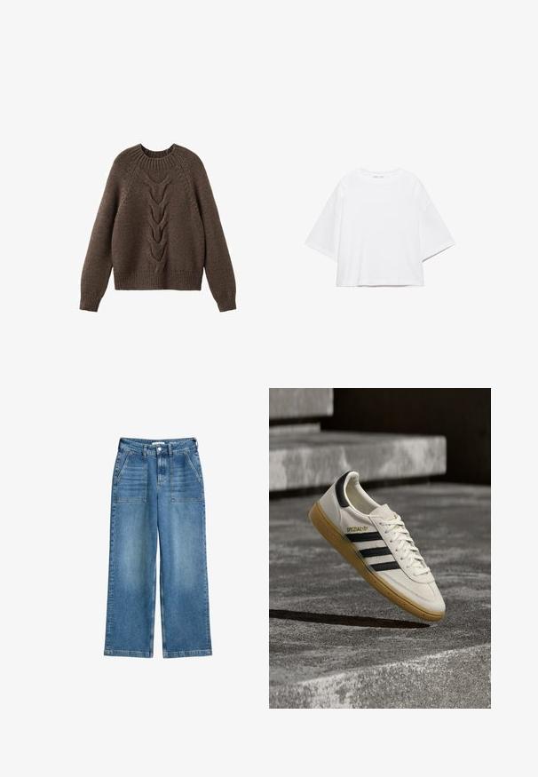 Brun strikket sweater med rund halsudskæring, lange ærmer og et kabelstrikdesign, der løber ned langs fronten. Ribbet kant og manchetter.; Hvid, kortærmet, løs t-shirt lavet af blød bomuld. Har rund halsudskæring og brede ærmer, med et rent, enkelt design.; Højhalsede, brede bukser i blå denim med frontlommer, bæltestropper og lukning med frontknap og lynlås.; Hvid Adidas Spezial sneaker med sorte striber og gummisål, svævende over grå stentrin udendørs.