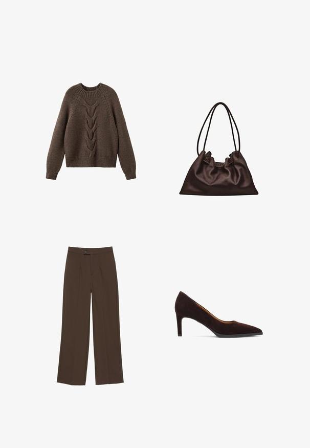 Brun strikket sweater med rund halsudskæring, lange ærmer og et kabelstrikdesign, der løber ned langs fronten. Ribbet kant og manchetter.; Brune bukser med lige ben med knap og lynlås foran, der har rene, skræddersyede linjer og en talje i midjehøjde.; Mørkebrune ruskinds højhælede sko med spids tå, en slank hæl og en glat sål, vist fra siden på en hvid baggrund.; Blød mørkebrun læderhåndtaske med en slasket form og to tynde skulderstropper mod en hvid baggrund.