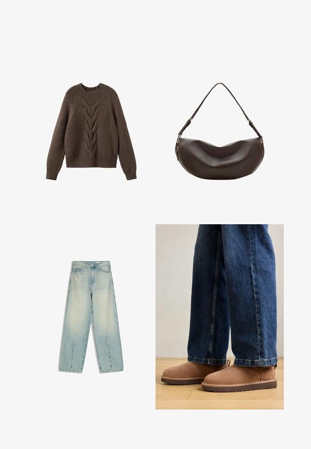 Bruin gebreid sweater met een ronde halslijn, lange mouwen en een kabelbrei ontwerp dat over de voorkant loopt. Geribbelde zoom en manchetten.; Lichtblauwe wijde denimbroek met voorzakken, riemlussen, knoopsluiting en subtiele vervaagde details.; Bruine suède enkelboots met een platte zool, ronde neus en een klein aantrek-lipje, gecombineerd met blauwe denim jeans met een rechte pasvorm.; Donkerbruine leren schoudertas met een gebogen vorm, verstelbare riem en een gouden rits langs de onderrand.