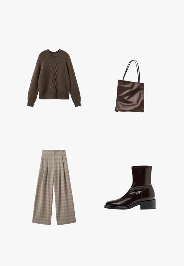 Brun strikket sweater med rund halsudskæring, lange ærmer og et kabelstrikdesign, der løber ned langs fronten. Ribbet kant og manchetter.; Beige ternede bukser med vide ben og plisseringer, med en struktureret taljebånd og rummelig pasform, lavet af et struktureret stof.; Mørkebrun læderankelstøvle med firkantet tå, lav blokhæle og stikning langs øverste kant, vist i sideprofil.; Brun læder-totebag med to tynde skulderstropper og let rynket tekstur på hvid baggrund.