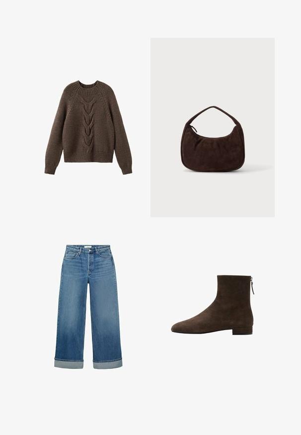 Brun strikket sweater med rund halsudskæring, lange ærmer og et kabelstrikdesign, der løber ned langs fronten. Ribbet kant og manchetter.; Bredde ben blå denim jeans med mellem vask og oprullede manchetter. Har klassisk fem-lomme stil og knaplukning.; Brune ruskind ankelstøvle med spids tå, lav blokhæl og lynlås bagpå for nem påtagning. Blød tekstur.; Mørkebrun ruskindshåndtaske med kort rem og afrundet rektangulær form på en ensfarvet lys baggrund.