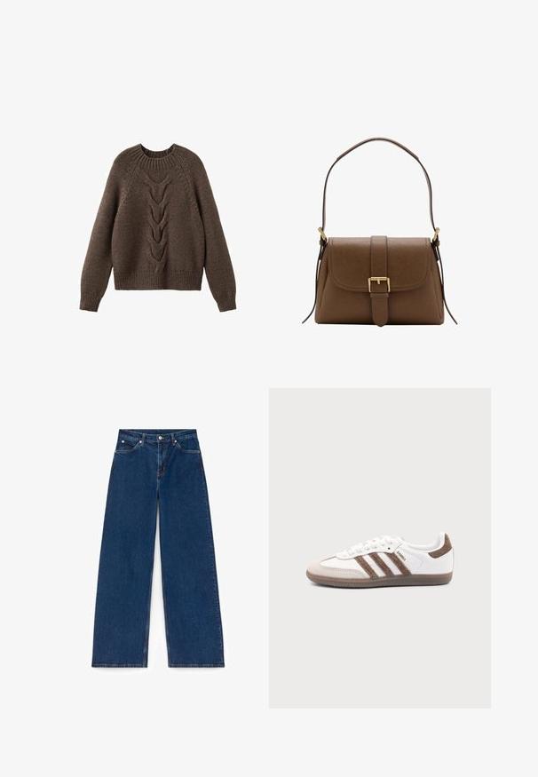 Pull en tricot marron avec un col rond, des manches longues et un motif en torsades sur le devant. Ourlets et poignets côtelés.; Jean large en denim bleu foncé avec poches avant, passants pour ceinture, fermeture à boutons et coutures visibles sur fond blanc.; Baskets Adidas Samba blanches avec des bandes en daim marron, semelle en caoutchouc marron et bout en daim beige, vues du côté extérieur sur un fond uni.; Sac à bandoulière en cuir marron avec rabat avant et boucle dorée, disposant d'une bandoulière réglable avec ferrures dorées sur fond blanc.