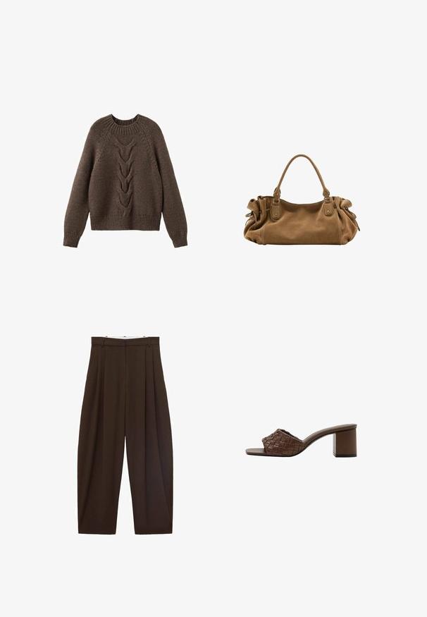 Brun strikket sweater med rund halsudskæring, lange ærmer og et kabelstrikdesign, der løber ned langs fronten. Ribbet kant og manchetter.; Brune højtaljede bukser med folder, lavet af glat stof. Løs pasform, straight leg design, med bæltestropper og lynlås.; Brun mule-sandal med vævet læderoverdel, åben tå og blokhæl på hvid baggrund.; Blød brun ruskindshåndtaske med enkelt top håndtag og sammenrullede sidetaljer sikret med læderremme og metalringe.