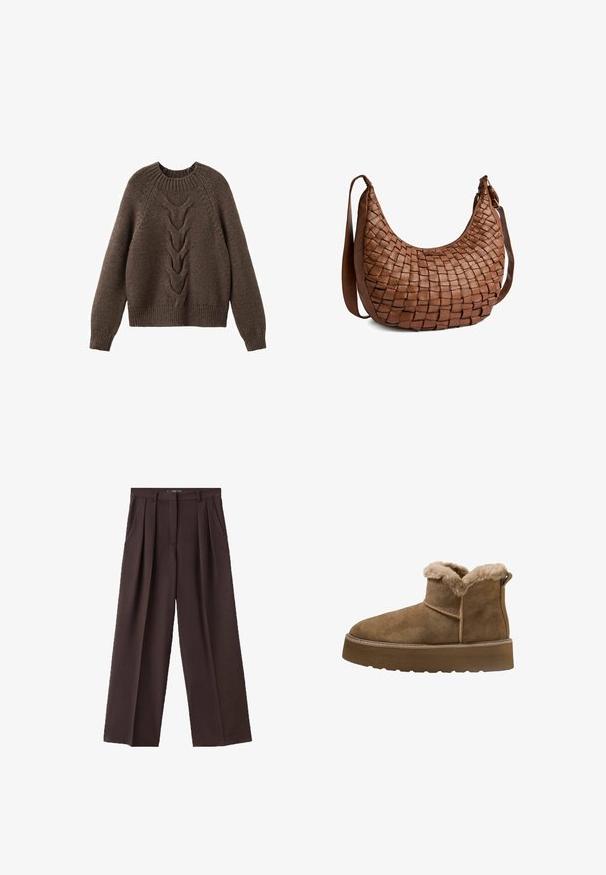 Pull en tricot marron avec un col rond, des manches longues et un motif en torsades sur le devant. Ourlets et poignets côtelés.; Pantalons larges bruns en tissu texturé, avec des plis à l'avant, des poches latérales et un design de taille classique.; Bottines en daim marron avec doublure en fausse fourrure, bout rond et semelle épaisse; elles présentent une couture et une lanière à l'arrière.; Sac d'épaule en cuir marron avec motif tressé, forme courbée et bandoulière réglable sur fond blanc.