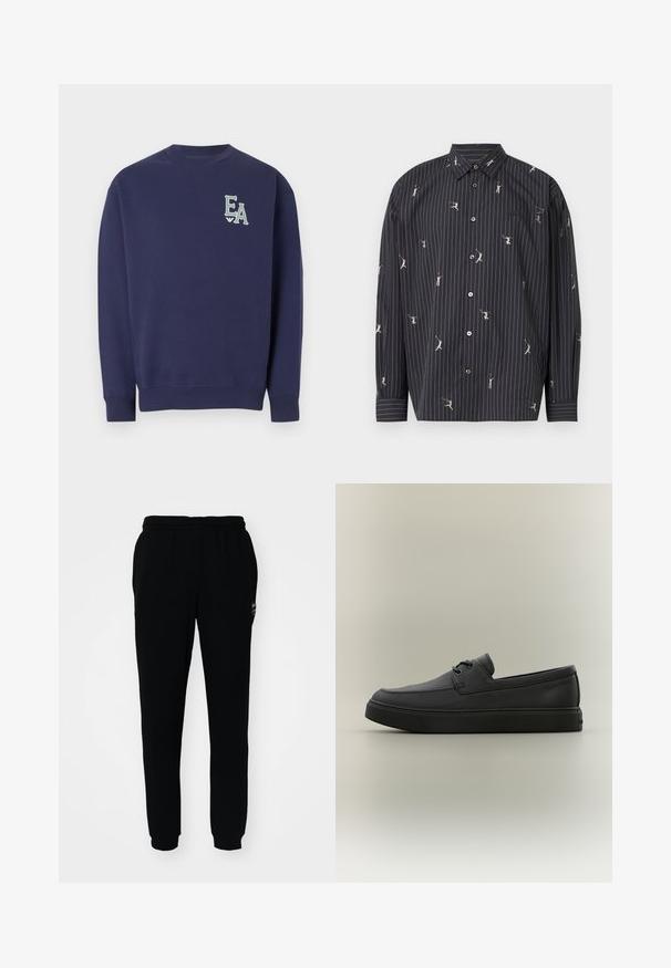 Mørkeblå crewneck sweatshirt med lange ærmer og et lille hvidt "EA" logo på venstre bryst.; Sort stribet skjorte med knapper, prydet med små hvide atletiske figurer i forskellige positurer, lavet af glat stof med struktureret krave og manchetter.; Sorte sweatpants med elastisk talje og manchetter. Fremstillet af blødt stof med et lille logo på den øverste venstre side.; Sort afslappet læderloafer med snøredetaljer og tyk gummisål, vist fra siden på en neutral baggrund.