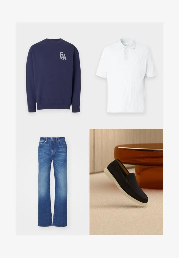 Sweatshirt à encolure ronde bleu marine avec manches longues et petit logo blanc "EA" sur la poitrine gauche.; Polo bleu clair en tissu texturé. Présente un col court avec fermeture par boutons, des manches courtes et une coupe ample.; Jean en denim bleu avec une coupe droite, présentant un lavage décoloré, cinq poches, et une fermeture à bouton et zip à la taille.; Mocassin noir sans lacets avec semelle blanche posé sur un tapis beige à côté d'une base de table ronde de couleur ambre.