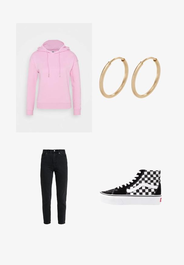 Lyserød hættetrøje med lange ærmer, en front kangaroo-lomme og justerbare snore. Fremstillet af blødt bomuldsblandingsmateriale.; High-waist sort denim jeans med forreste knap og lynlås, to forlommer og en tilspidset ben foran på en hvid baggrund.; Sorte og hvide høje sneakers med ternet mønster, overdel i ruskind, kontrasterende hvide snørebånd og en hvid gummisål med rødt logo.; Guldøreringe med en glat, poleret overflade. Rund form, mellemstor, med en sikker lukkemekanisme.