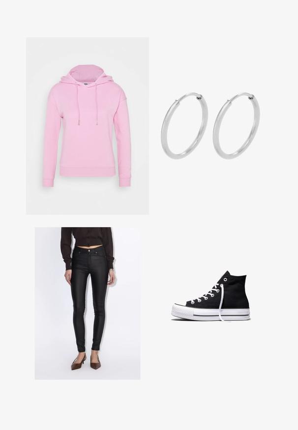 Roze hoodie met lange mouwen, een voorzak in kangoeroestijl en verstelbare koordjes. Gemaakt van zachte katoenmix.; Vrouw draagt zwarte hoge taille skinny broek, een cropped donkerbruin overhemd met knopen en bruine puntige hakken.; Zwarte hooggesloten canvas sneaker met witte rubberen zool en witte veters, zijwaarts weergegeven op een witte achtergrond.; Zilveren hoepeloorbellen, cirkelvormig, met een gladde glanzende textuur en een constante breedte. Minimalistisch ontwerp zonder extra accenten.