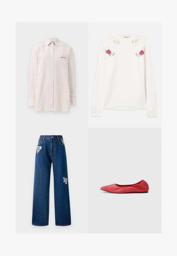 Hvid strikket sweater med broderede figurer i rød og blå. Rund hals, ribbede manchetter og kant. Blød tekstur, afslappet pasform.; Lyslangærmet beige og hvid stribet skjorte med knapper og brystlomme broderet med rødt "fiorucci" logo.; Mørkeblå denim bukser med brede ben og to farverige broderede lapper foran. Har standardlommer og synlige syninger.; Filippa K REY FLATS - Ballerinasko - bright red
