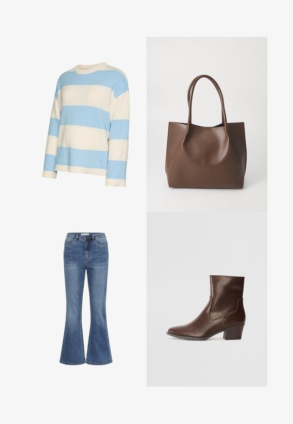 Pull en maille à manches longues avec larges rayures horizontales bleu clair et blanc cassé, doté d'un col rond et de poignets et ourlet côtelés.; Jean en denim bleu avec une taille haute, fermeture par bouton et zip à l'avant, et jambes légèrement évasées.; Bottine en cuir marron à bout pointu, talon moyen bloc et panneaux latéraux élastiques pour un enfilage facile. Texture lisse et design élégant.; Sac en cuir marron avec deux longues poignées, forme structurée, texture lisse et design minimaliste. Aucun matériel ni accent visible.