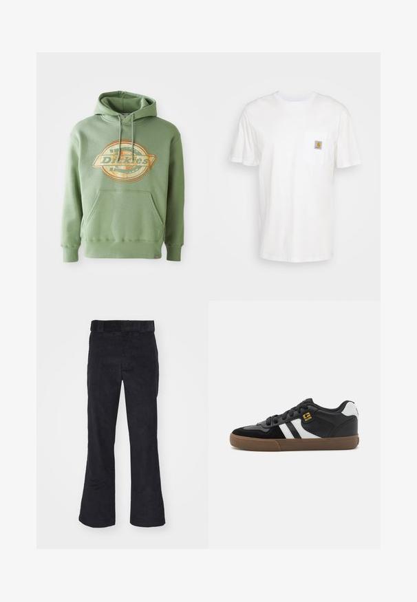 Grøn hættetrøje med et centralt grafisk logo i orange og beige. Har en frontlomme, snoretræk i hætten og ribbede manchetter. Materiale i bomuld.; Hvid bomulds T-shirt med korte ærmer, en brystlomme, og et lille firkantet logo patch i orange og hvid på lommen.; Sorte kordfløjl bukser med en afslappet pasform, der har en klassisk talje og flagrende ben, blød tekstur og uden synlige mønstre eller detaljer.; Sorte og hvide sneakers med overdel i ruskind og læder, der har hvide striber, sorte snørebånd og en brun gummisål. Guld logo detaljer.