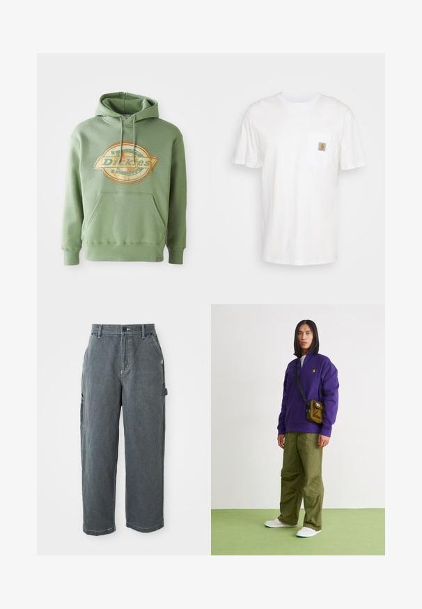 Haut à capuche vert avec un logo graphique central en orange et beige. Il possède une poche avant, un capuchon avec cordon de serrage et des poignets côtelés. Matière en coton.; T-shirt en coton blanc à manches courtes, avec une poche poitrine et un petit patch logo carré en orange et blanc sur la poche.; Pantalons de travail droits gris foncé avec passants de ceinture, bouton et fermeture éclair à l'avant, poches latérales et attache marteau sur la jambe droite.; Jordan AIR JORDAN 1 ZM CMFT 2 - Baskets montantes - summit white/bicoastal/oxidized green