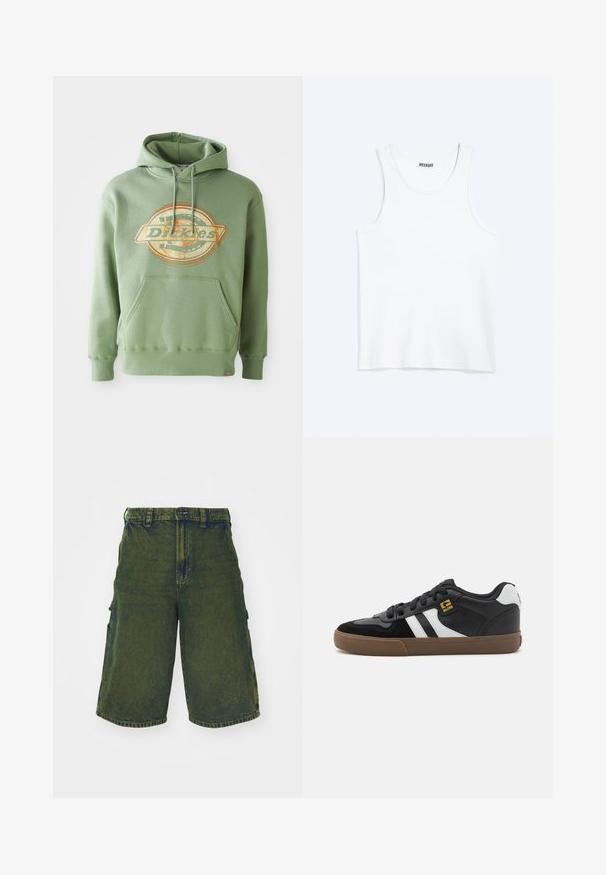 Groene hoodie met een centrale grafische logo in oranje en beige. Voorzien van een zak aan de voorkant, een capuchon met koord en geribbelde manchetten. Gemaakt van katoen.; Wit mouwloos hemdje met ronde hals en Weekday-merklabel aan de binnenkant van de achterkraag, plat weergegeven op een lichte achtergrond.; Groene denim cargoshorts met een relaxte pasvorm, voorzien van zijzakken en een knoopsluiting. Vervaardigd met een versleten textuur en een rechte snit.; Zwart-witte sneakers met een bovenwerk van suède en leer, voorzien van witte strepen, zwarte veters en een bruine rubberen zool. Gouden logo-accenten.
