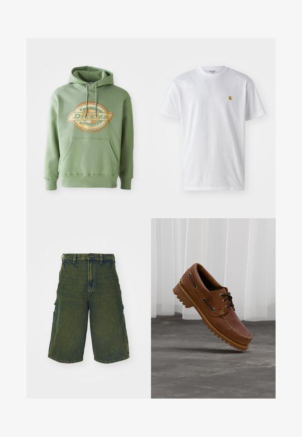 Grøn hættetrøje med et centralt grafisk logo i orange og beige. Har en frontlomme, snoretræk i hætten og ribbede manchetter. Materiale i bomuld.; Hvid bomulds t-shirt med korte ærmer, rund hals og et lille guld logo på venstre brystområde. Blød tekstur og almindelig pasform.; Grønne denim cargo shorts med afslappet pasform, der har sidelommer og knaplukning. Slidt tekstur og lige snit.; Brun læder bådsko med sorte snørebånd, beige syninger og en robust sål, hængende over en grå betongulv.