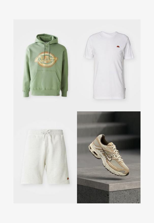 Πράσινο hoodie με κεντρικό γραφικό λογότυπο σε πορτοκαλί και μπεζ. Διαθέτει μπροστινή τσέπη, κουκούλα με κορδόνια και ριμπ μανσέτες. Από βαμβάκι.; Απλό λευκό T-shirt με κοντά μανίκια και ένα μικρό κόκκινο-πορτοκαλί ημικυκλικό λογότυπο στην πάνω αριστερή πλευρά του στήθους.; Λευκό σορτσάκι με σπογγιώδη υφή, φτιαγμένο από μαλακό ύφασμα, διαθέτει ελαστική μέση και κορδόνι. Μικρό λογότυπο στο στρίφωμα.; Μπεζ και λευκό παπούτσι τρεξίματος Nike με πλέγματα και μαύρο λογότυπο Swoosh, να αιωρείται πάνω από μια τσιμεντένια άκρη με θολά σκαλοπάτια στο φόντο.