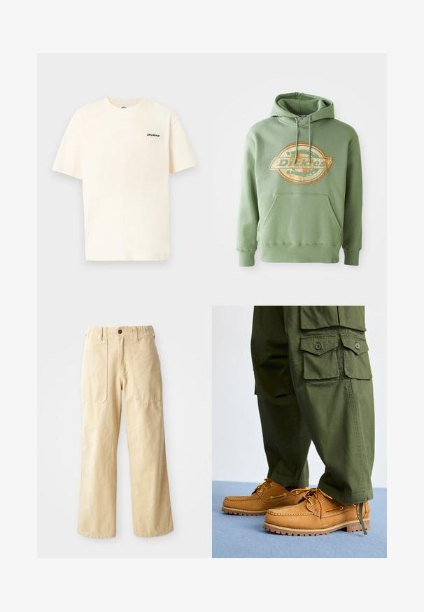 Haut à capuche vert avec un logo graphique central en orange et beige. Il possède une poche avant, un capuchon avec cordon de serrage et des poignets côtelés. Matière en coton.; T-shirt en coton de couleur crème avec manches courtes, arborant un petit logo noir "Dickies" sur le côté gauche de la poitrine. Coupe simple et décontractée.; Pantalons larges beige en coton. Présentent une taille haute, deux poches avant au design plat et une fermeture par un seul bouton.; Timberland AUTHENTIC 3 EYE - Chaussures bateau - wheat