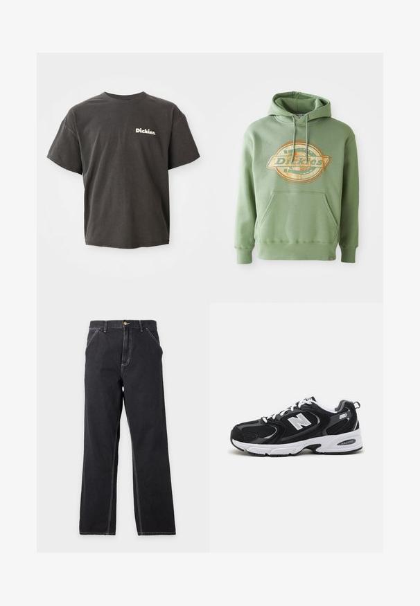 Grøn hættetrøje med et centralt grafisk logo i orange og beige. Har en frontlomme, snoretræk i hætten og ribbede manchetter. Materiale i bomuld.; Mørkegrå T-shirt med korte ærmer med "Dickies." logo i hvid på venstre bryst, rund halsudskæring og en afslappet pasform.; Sorte jeans med lige ben, forlommer, bæltestropper og synlige hvide syninger på en ensfarvet lys grå baggrund.; Sorte og grå sportssko med mesh og ruskind på overdelen, der har en hvid mellemsål, snørebånd og et iøjnefaldende "N" logo på siden.
