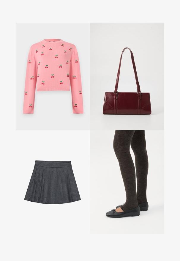 Lyserød cropped sweater med lange ærmer, dekoreret med gentagne røde kirsebærmønstre og grønne blade på fronten og ærmerne.; Grå stribede skater nederdel med en tætsiddende talje, udformet i A-linje og en blød stofstruktur. Lodrette linjer øger den visuelle interesse.; Ben iført mørke ribbede leggings kombineret med sorte balletsko med små sløjfedetaljer på hvid baggrund.; Bordeaux håndtaske lavet af glansfuldt materiale, rektangulær form, med to skulderremme og subtile buede detaljer på forsiden.