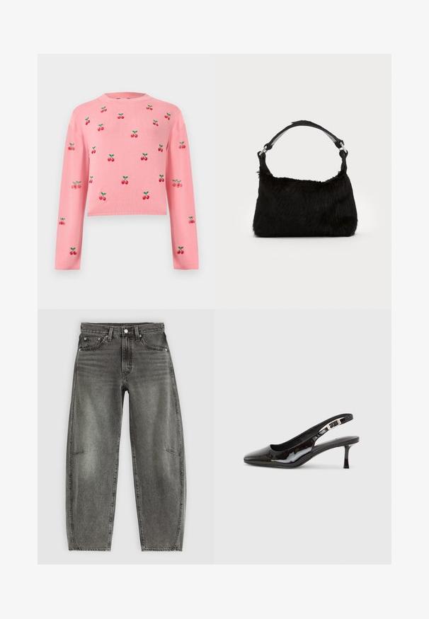 Lyserød cropped sweater med lange ærmer, dekoreret med gentagne røde kirsebærmønstre og grønne blade på fronten og ærmerne.; Højtaljede gråvaskede denimjeans med fem lommer, knaplukning og en afslappet lige pasform.; Sort slingback-sko i laklæder med spids tå, sølvspænde og mellemhøj kitten-hæl på en ensartet lys baggrund.; Sort faux fur håndtaske med en blød tekstur, rund form og en robust skulderrem i sort læder. Synlige sølvhardware-detaljer.
