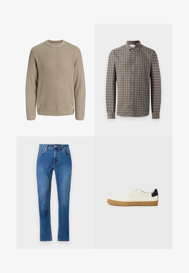 Jersey beige de punto acanalado con mangas largas y cuello redondo, mostrado sobre un fondo claro.; Camisa de manga larga de cuadros en tonos marrón y gris, con un cuello clásico y cierres de botón en la parte frontal.; Jeans de mezclilla azul con diseño de pierna recta, cinco bolsillos y detalles de costura visibles. El material muestra un ligero desvanecimiento. Estilo clásico.; Zapatilla de lona blanca con suela de goma, acento negro en el talón, punta redonda y diseño con cordones. Presenta el logo de la marca en dorado en el lateral.