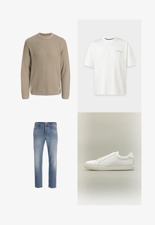 Beige geribde gebreide trui met lange mouwen en ronde hals, weergegeven tegen een lichte achtergrond.; Witte T-shirt met korte mouwen met klein blauw "Pepe Jeans London" logo en tekst op het linkerborstgedeelte, effen achtergrond.; Lichtblauwe denim jeans met een rechte pasvorm, lichte vervaging aan de voorkant, vijf-pocket ontwerp en een metalen knoopsluiting in de taille.; Witte lage sneaker met veters aan de voorkant en dikke zool, zijaanzicht tegen een neutrale achtergrond.