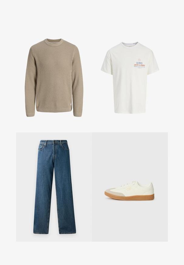 Beiger gerippter Strickpullover mit langen Ärmeln und rundem Ausschnitt, vor einem hellen Hintergrund dargestellt.; Weißes T-Shirt mit kurzen Ärmeln, kleinem Sonnengrafik und Text "Jack & Jones," "Big Wave Lines," und "Sun, Surf & Good Times" auf der Brust.; Dunkelblaue Jeans aus Denim mit einem lässigen Schnitt, geraden Beinen, fünf Taschen und kontrastierenden Nähten. Verfügt über einen Frontknopf und einen Reißverschluss.; Sneaker aus weißem Leder mit einer beigen Zehenkappe und leichter brauner Gummisohle. Verfügt über flache weiße Schnürsenkel und geprägtes Branding an der Seite.