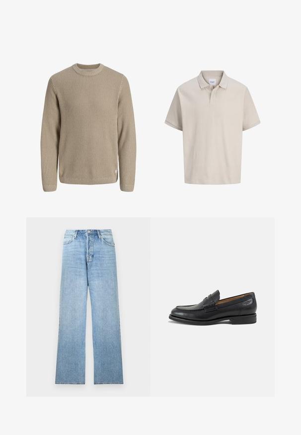 Beige geribde gebreide trui met lange mouwen en ronde hals, weergegeven tegen een lichte achtergrond.; Beige poloshirt met korte mouwen, subtiele verticale strepen, een klassieke kraag en een twee knopen sluiting.; Lichtblauwe spijkerbroek met een rechte pijp, topknoopsluiting, vijf zakken en rafelige zoom.; Zwarte leren herenloafer met gestikte details, lage gestapelde hak en een smalle band over de bovenzijde, zijaanzicht op een witte achtergrond.