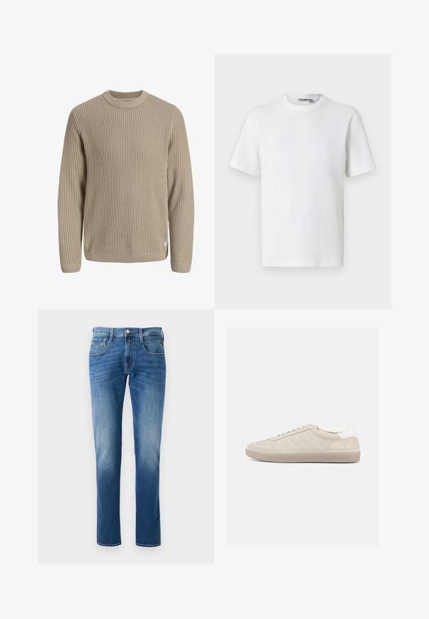 Beiger gerippter Strickpullover mit langen Ärmeln und rundem Ausschnitt, vor einem hellen Hintergrund dargestellt.; Weißes, kurzärmeliges T-Shirt mit Waffelstrick und Rundhalsausschnitt, mit kleinem Markenetikett im Kragen, auf einfarbigem Hintergrund präsentiert.; Herren Jeans aus blauem Denim mit einem verwaschenen Finish, gerader Beinschnitt, fünf Taschen und einem Knopfverschluss vorne. Genähte Akzente an den Taschen.; Beiger Wildleder-Sneaker mit strukturiertem Obermaterial, glattem weißen Fersenbereich, dünnen Schnürsenkeln und Gummisohle. Verfügt über ein flaches Design.