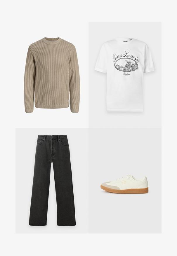 Beige ribstrikket sweater med lange ærmer og rund halsudskæring, vist mod en lys baggrund.; Hvid bomulds-T-shirt med et sort illustrativt tryk af en pariserbybillede med teksten "Paris Lovers inc." og "Bonheur EST.1992."; Sorte højtaljede lige ben jeans i denim med frontknap, lynlås og fem lomme-design på en hvid baggrund.; Sneaker lavet af hvid læder med en beige tåhætte og let brunt gummisål. Har flade hvide snørebånd og prægede branding på siden.