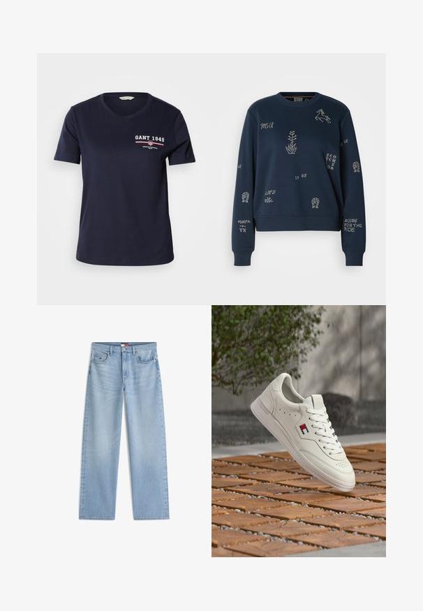 Marine sweatshirt gemaakt van zachte stof, met witte geborduurde tekst en ontwerpen, waaronder bloemen en een paard, en ribgebreide manchetten.; Donkerblauwe katoenen T-shirt met V-hals, korte mouwen, met witte en rode logotekst "GANT 1949" en designelementen op de linkerkant van de borst.; Lichtblauwe recht gesneden spijkerbroek met voorzakken, riemlussen en een knoop- en ritssluiting.; Witte lage sneaker met veters en een rood-wit-blauw rechthoekig logo zwevend boven houten tegelvloer buiten.