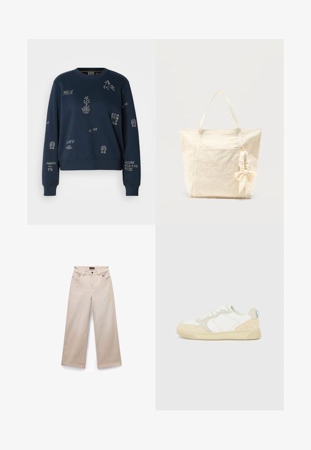 Navy Sweatshirt aus weichem Stoff, mit weißen gestickten Texten und Designs, darunter Blumen und ein Pferd, mit gerippten Bündchen.; Beige weite Baumwollhosen mit glatter Textur. Sie verfügen über fünf Taschen, Gürtelschlaufen und silberfarbene Beschläge an der Vorderseite.; Weißer und beiger Sneaker mit Obermaterial aus Wildleder und Textil, kontrastierenden Nähten, einer Gummisohle und einem hellblauen Akzent an der Ferse.; Beige Leinwandtasche mit zwei Henkeln und einem Scrunchie mit Schleife, das an einem Henkel befestigt ist, vor einem einfarbigen Hintergrund.