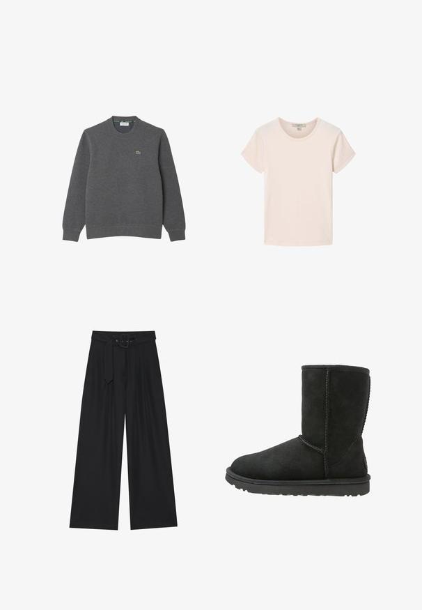 Donkergrijze crewneck sweater met lange mouwen, geribde manchetten en onderrand, en een klein groen Lacoste krokodillenlogo op de borst.; Effen lichtbeige T-shirt met korte mouwen en een ronde hals, plat gelegd op een witte achtergrond.; Wijde zwarte broek gemaakt van een gladde stof, met een hoge taille, een riem met een vierkante gesp en voorplooien voor extra textuur.; Zwarte suède enkellaars met een ronde neus, gestikte naden en een platte rubberen zool. Heeft een eenvoudig ontwerp zonder versieringen.